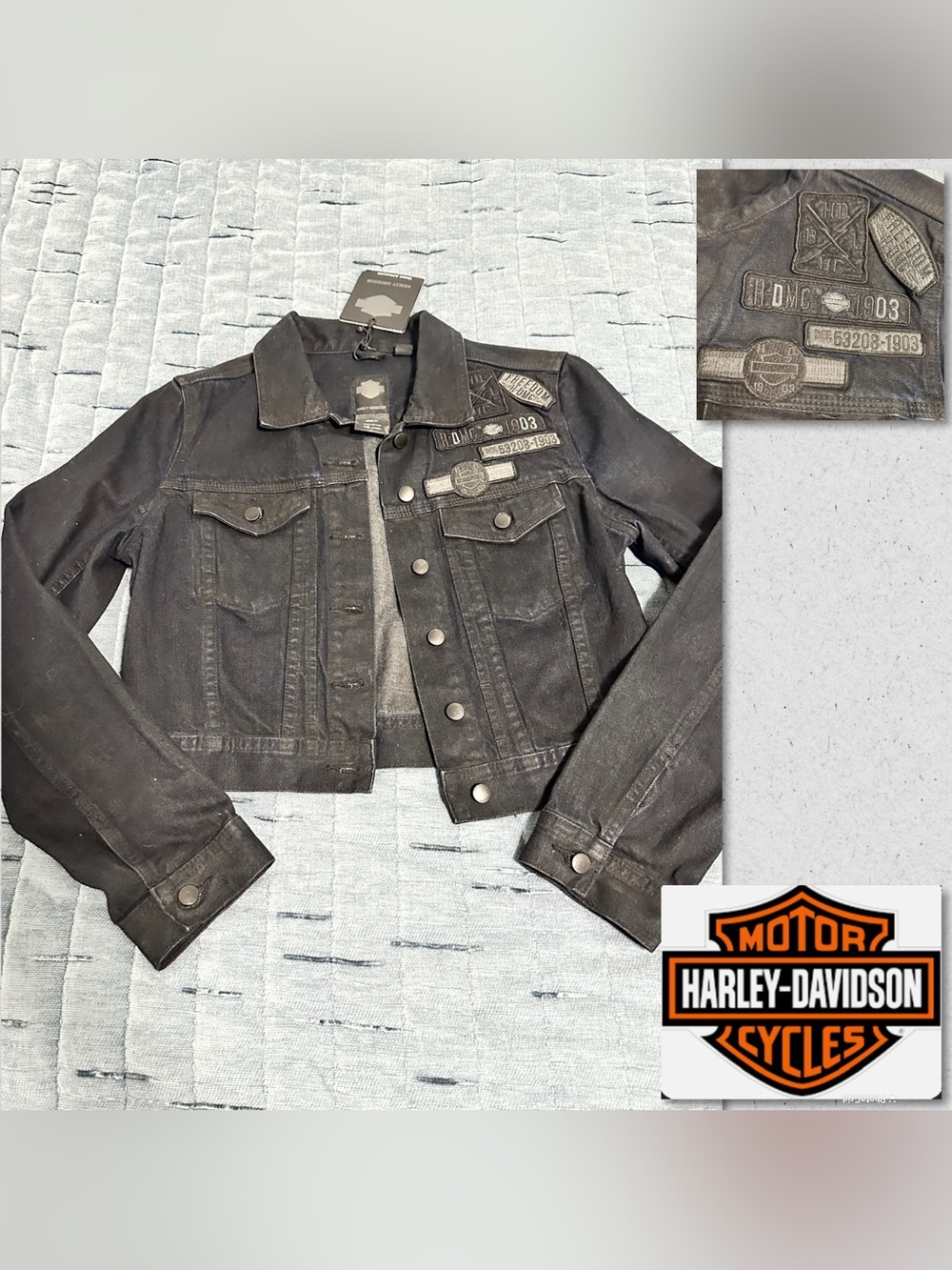 Harley-Davidson Black Denim Cropped Moto Jacket with Patch Accents